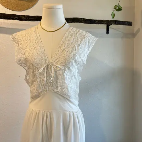 Vintage 1970s White Semi Sheer Satin Lace Top Maxi Slip Dress Size Medium