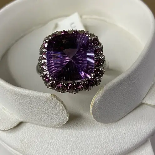 Cushion Purple Fluorite & Rhodolite Garnet Sterling Silver 925 Ring Halo Sz 9