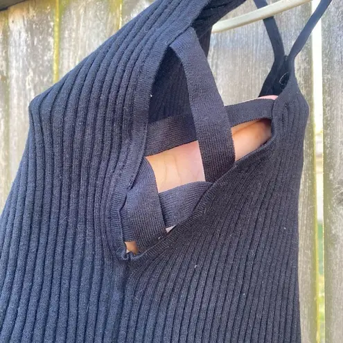 Brooklyn Karma  Black Ribbed Cut Out Crop Sweater Top | L