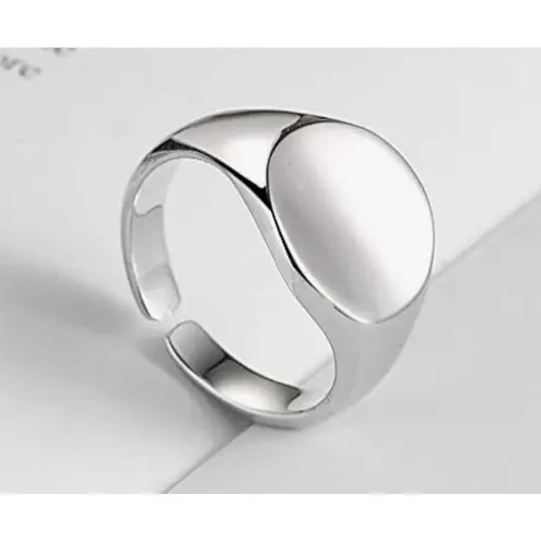 Boutique Chunky Solid Unisex 14k White Gold Plated Sterling Signet Ring, Adjustable
