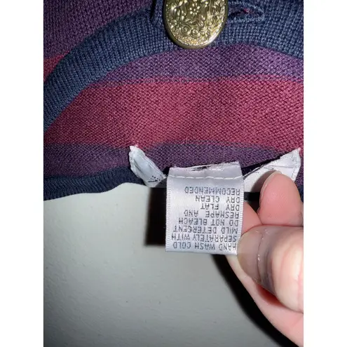 Womens vtg 80s Burgundy Blue Purple Stripe Gold crest Buttons Cardigan Sweater M Size M