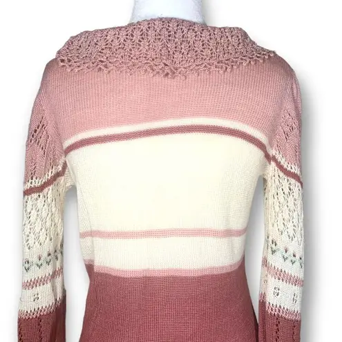 Vintage Knit Embroidered Hoodie Sweater Oatmeal Pink Floral Cropped Crochet Size M