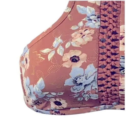 Ambrielle Floral Peach Halter Swim Top XL Braided Front Padded Cups Orange
