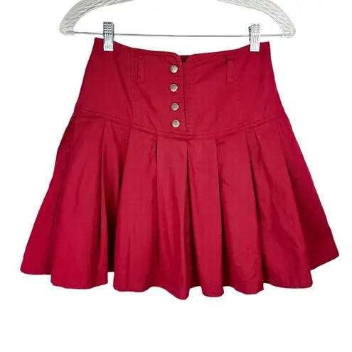 Vtg Y2K Corset Waist Red Pleated Mini Skirt Sz 2 High Rise Button Fly