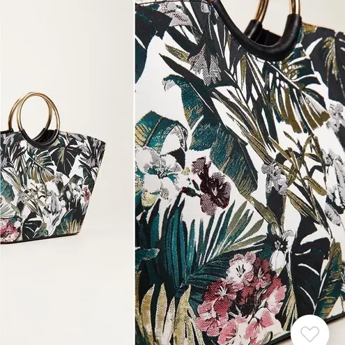 Flynn Hampton Flora Metallic Weave Floral Tote Bag Purse Metallic Ringed Handles Black