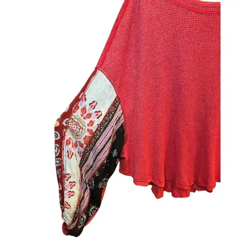 Free People  We the Free Women Small Blossom Thermal Top Red Bandana Sleeves Boho