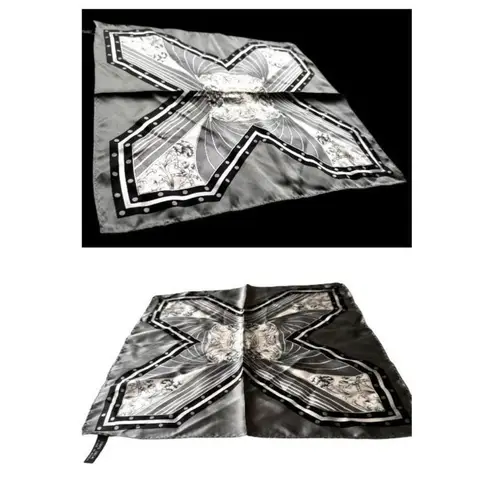 Vintage Neck Scarf Silver Black Floral Art Deco Hand Rolled Hem Korea Co…