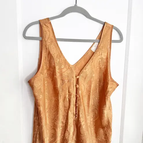 Unique Vintage Vintage Satin Embossed Floral Print Slip Dress Orangish Brown Deep V-Neck Large