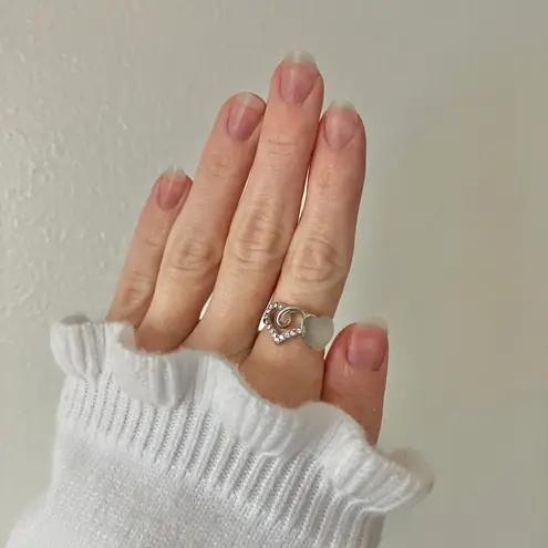 Boutique Double Heart Silver Rhinestone Moonstone Ring Iridescent Opaque Promise Girlhood Jewelry