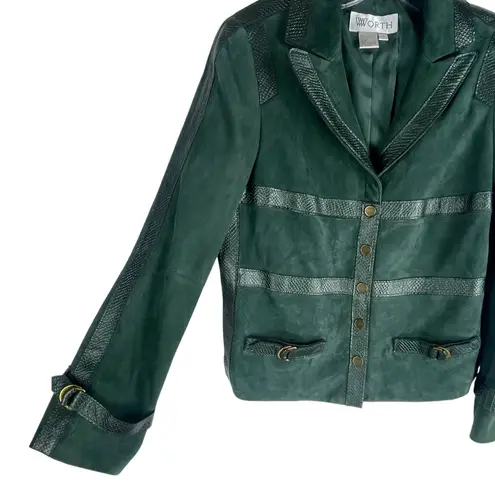Worth NY Snake Leather Trim Suede Jacket Snap Button Dark Green Size 4