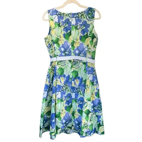 Alex Marie D1 Floral Print Fit & Flare Dress Sleeveless White Belt Size 10