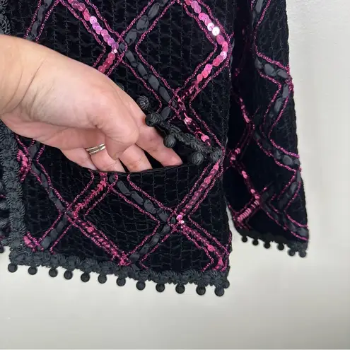 Vintage Jill Richards Blazer Black Pink Velvet Sequins Open Front Jacket M/L? Size L