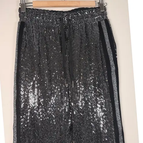Pam & Gela Mirror Ball Sequin Jogger Pants Black Silver Drawstring Size S - Image 3