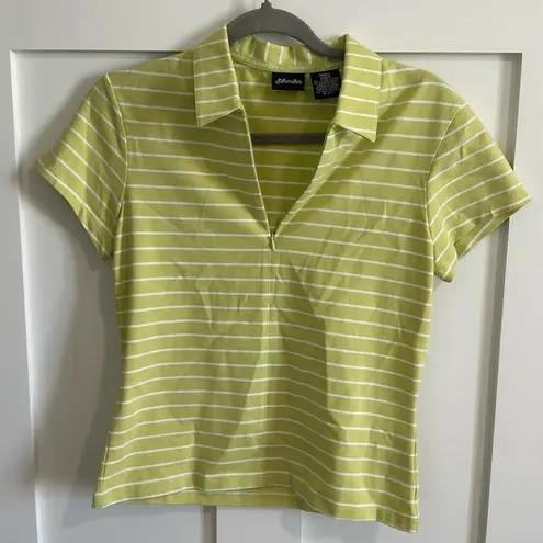 st. john's bay  Women's S Split Neck Polo Tee Citron Green White Stripe Preppy