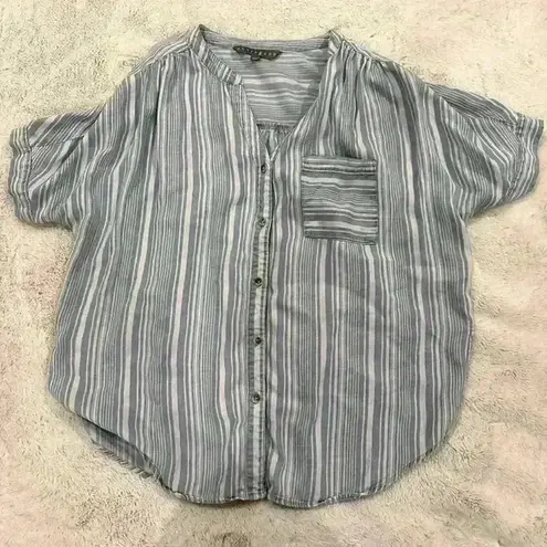 Sharagano Women's Short Sleeve Striped Chambray Shirt size large coastal aesthetic