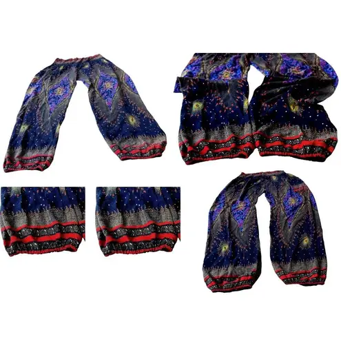 Harem Pants One Size Navy Multicolors Cosmic Stretch Waist Yoga Exercise READ Blue - Image 4