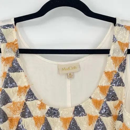 Modcloth Womens Retro 80's Style Geometric Fringe White Sleeveless Tank Medium Gold