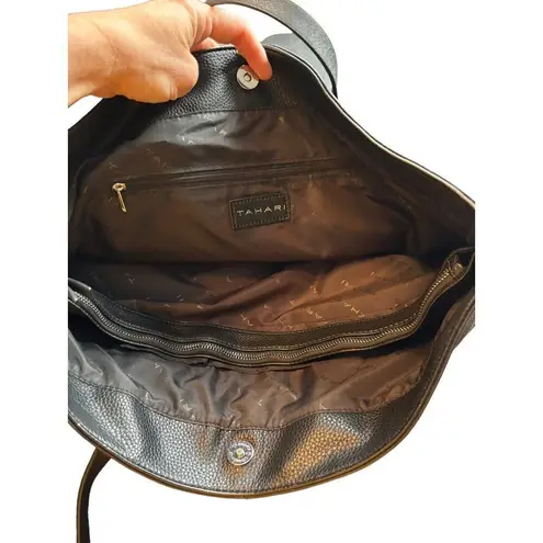 Tahari Black Leather Tote Bag With Dual Handles & Front Pocket