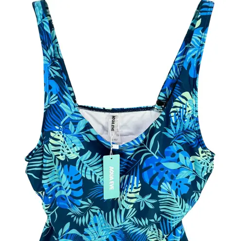 Aqua Eve Tankini Top Women L Blue Tropical Leaves Ruched Tummy Control Beach Size L