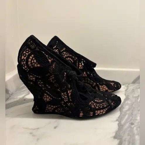 Alexander McQueen Wedge Black Heels with Lace Overlay