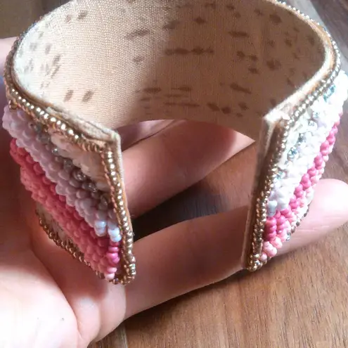 Handcrafted Pink Seed Bead, White Crystal, and Sequin Cuff Bracelet