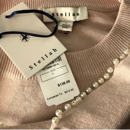 Stellah Pearly Trim Ruffle Sleeve Sweater Light Pink Peach Size Large NWT Tan