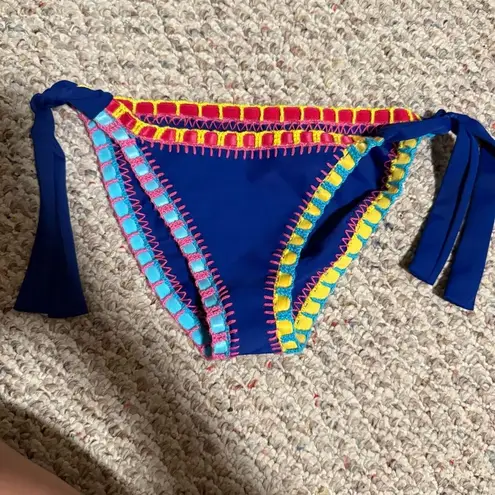 PilyQ Platinum Crochet Rainbow Side Tie Bikini Bottoms Blue- Size Medium