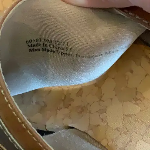 Clarks  Wedge Tan Sandals with Metallic Straps and Toe Loop