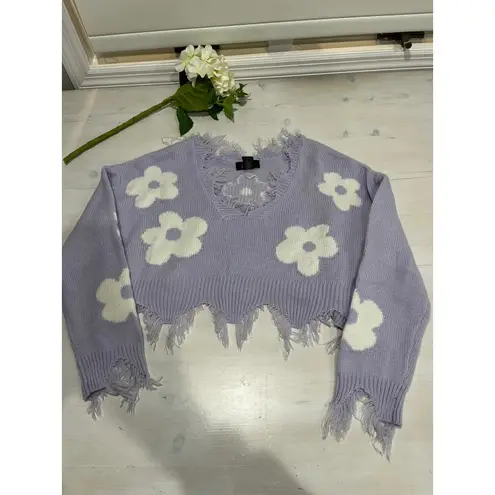 Just Polly New York Lilac White Flower Cropped Distressed Sweater