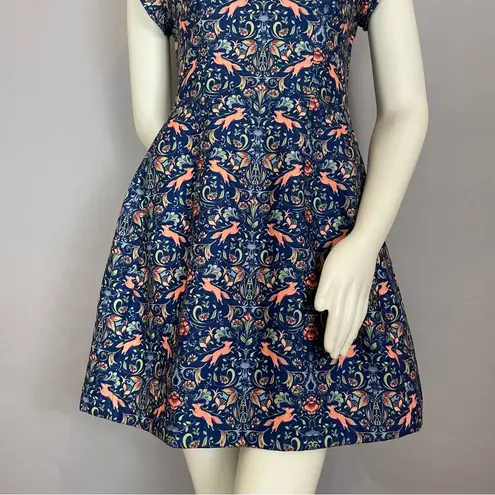 Pink Martini Dress Fox Print Blue Floral A-Line Lined Small Women Cap Sleeves