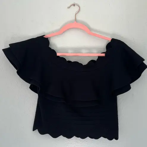 Endless Rose  Black Ruffle Off the Shoulder Eyelet Crop Top with Scalloped Edge S