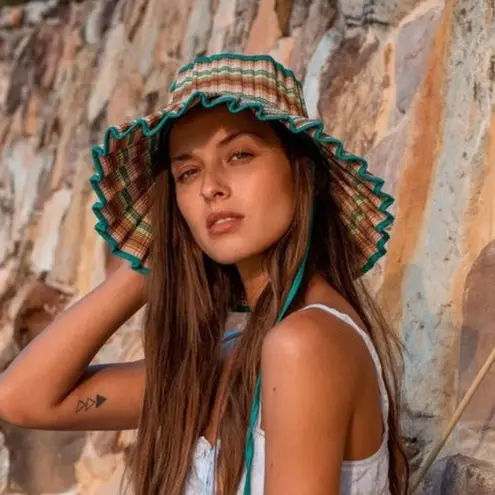 Lorna Murray Apparel Capri Hat Paradiso Rattan Beach Bucket Pleated Woven Medium Blue - Image 2