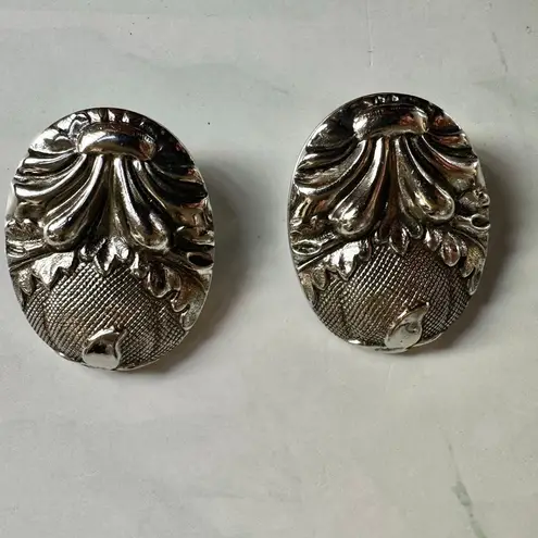 Whiting & Davis Vintage Silver-Tone Oval Statement Clip-On Earrings