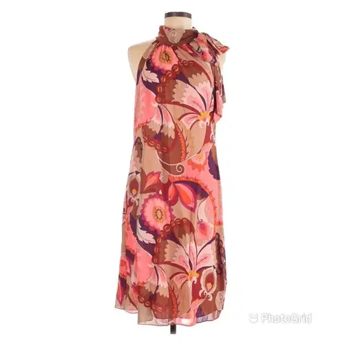 Trina Turk  Silk Halter Neck Midi Dress Sleeveless Paisley Bow Coral Size 0 New