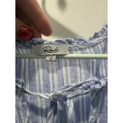 Rails Large L Blue Ludlow Stripe V Tie Neck Short Sleeve Linen Mini Dress