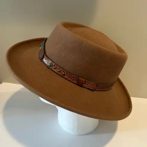 Scala VTG  Brown Hand Made 100% Wool Fedora Hat‎ One Size Leather Trim Turquoise