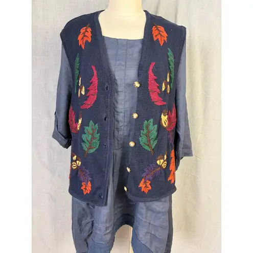 Jennifer Moore Vintage Autumn Leaf Sweater Novelty Vest Embroidered Navy L