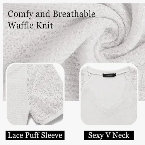 Merokeety Waffle Knit Lace Sleeve Top