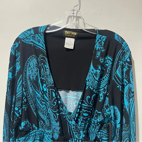 Bob Mackie Vintage wearable art wrap shirt y2k Black Blue Beaded V Neck Long L