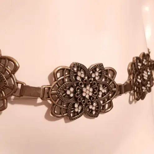 Women Gold Toned Medallion Chain Belt-White Opalescent Stones-Adjustable-Boho