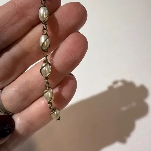 Religious Cross Charm Bracelet Pearl Beads Antique Brass Tone Link Chain Silver