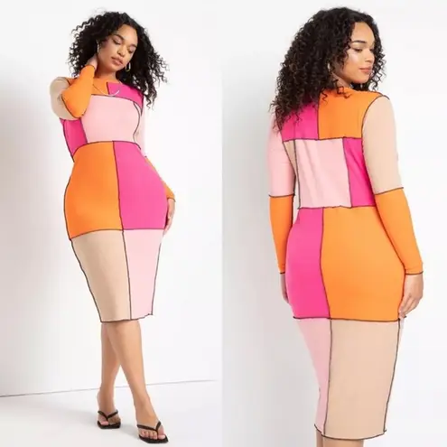 Eloquii New Anya Patchwork Colorblock Bodycon Dress in Pink & Orange