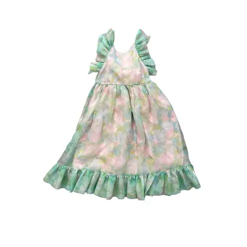 Selkie Maison Amory Ruffle Romance Organza Floral Midi Dress Pink Green Medium