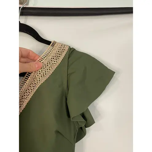 Olive Green One Piece Swimsuit Crochet Trim Flutter Sleeve Ruched Size L Size L