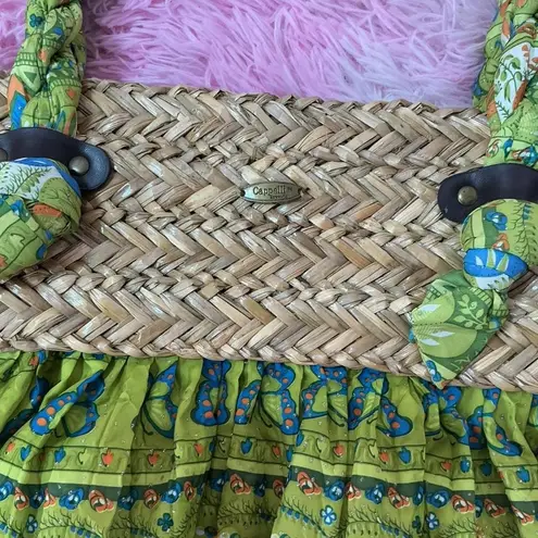 Cappelli Straworld Green Floral Butterfly Print Woven Raffia Beach Bag Tote