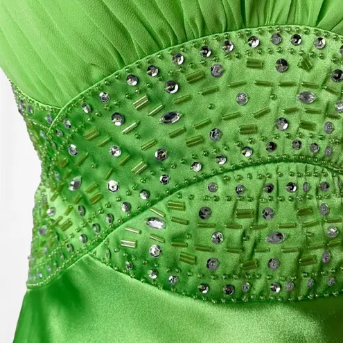 Neon Green Beaded Satin Maxi Bodycon Formal Prom Dress Size S