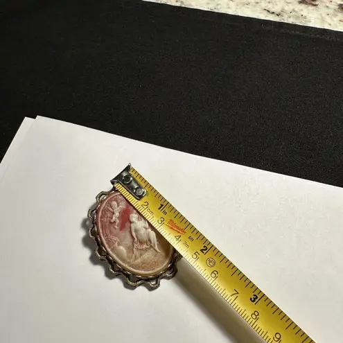 Vintage Cupid Cameo Brooch Pin Gold Tone Angel Fairy Flying Over Woman