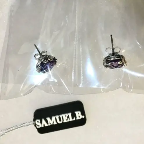 Amethyst SAMUEL B Faceted Round Cut Sterling Silver 925 Stud Earrings