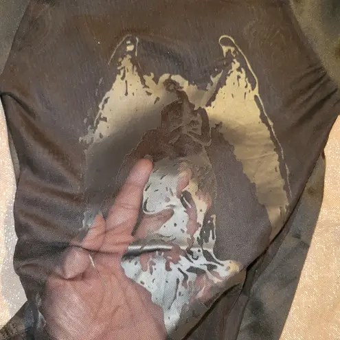 Black flocked Angel Print Mesh Top Green