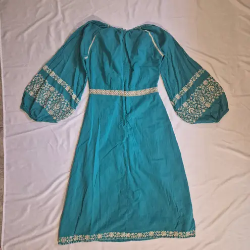 Nine Lives Bazaar Teal Dress with Cream Stitching And Embroidery Size 6 Blue